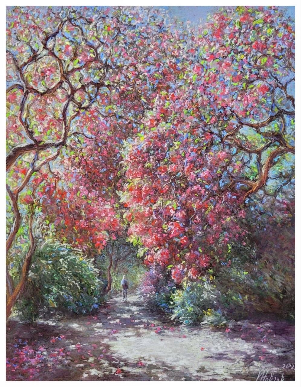 Pastel landscape of a person on a woodland path beneath an arch of branches covered in pink and lilac rhododendron blossoms.