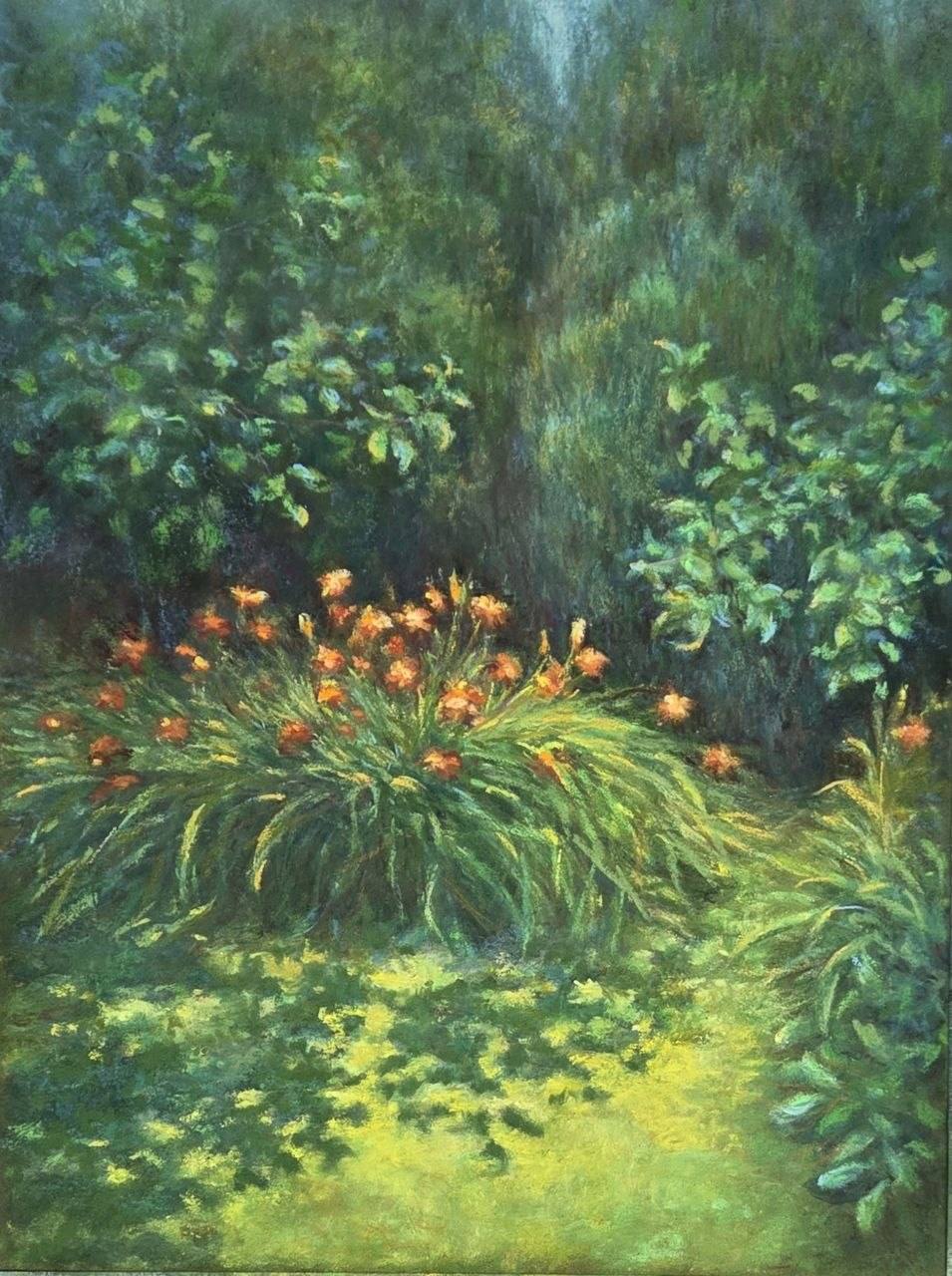 Pastel painting of orange daylily flowers amid lush greenery in a shaded garden, with patches of sunlight on the grass.