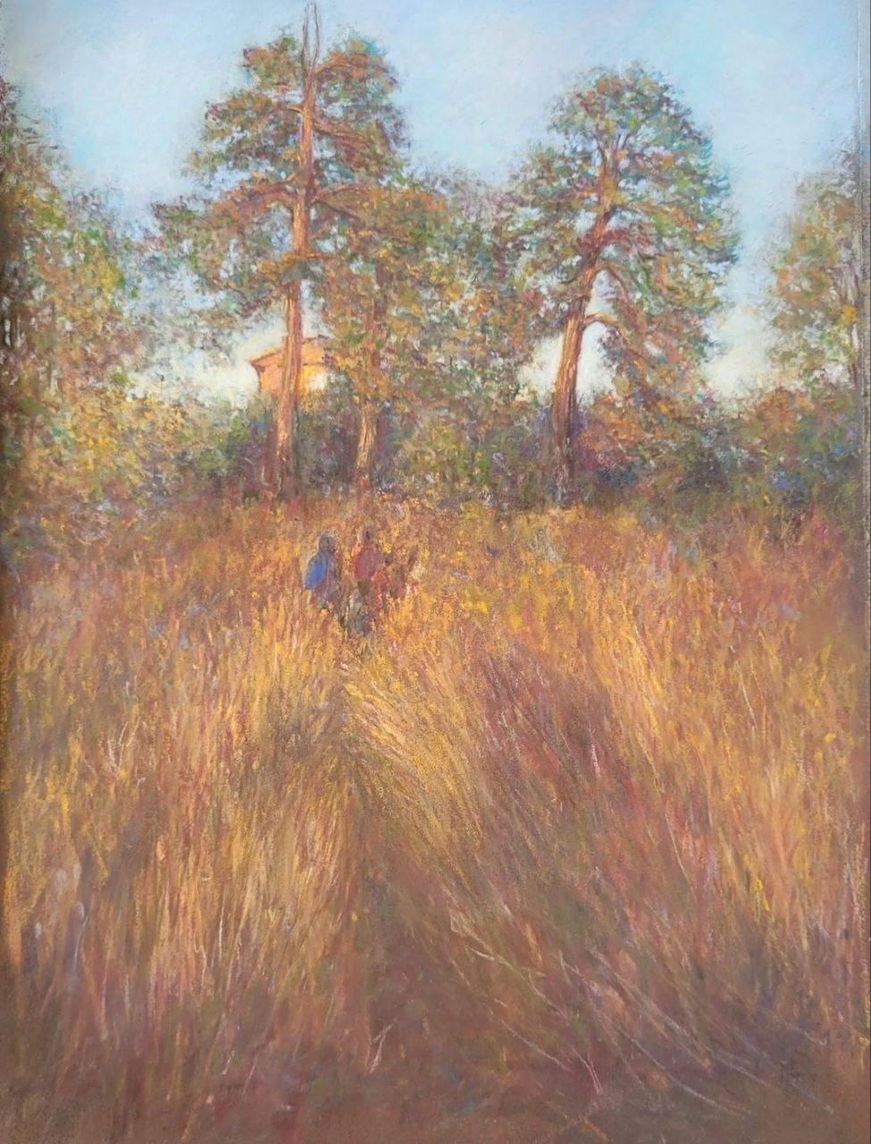Pastel landscape: a path through golden grasses leads towards a house behind pine trees, with people walking ahead.