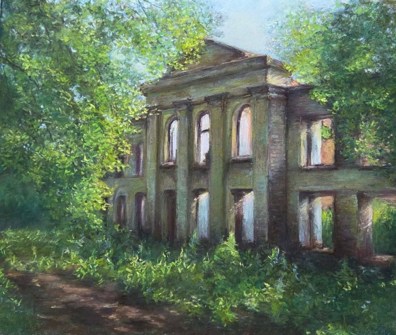Pastel landscape of an old ruined building with tall arched windows, surrounded by lush greenery and sunlit trees.