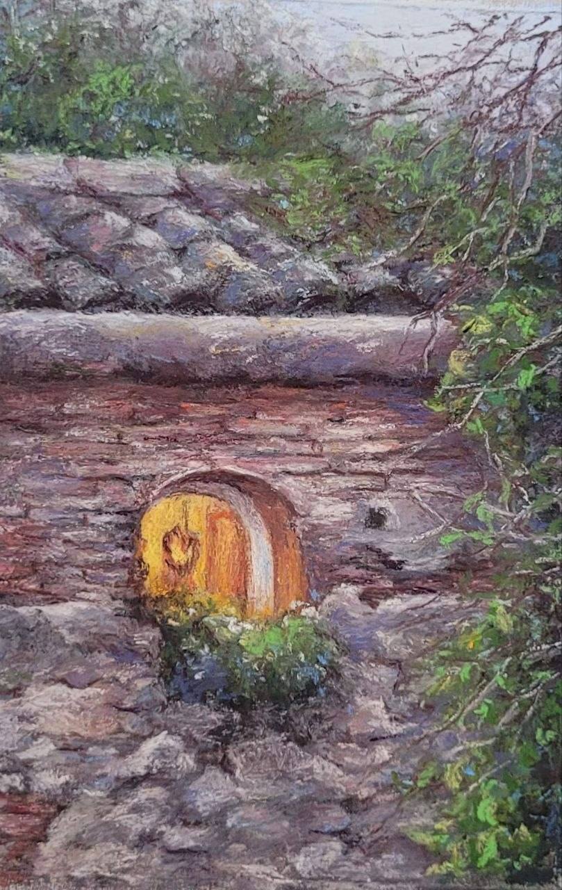 Pastel painting of a small arched window with a golden wooden shutter and flowers in an old stone wall surrounded by greenery.