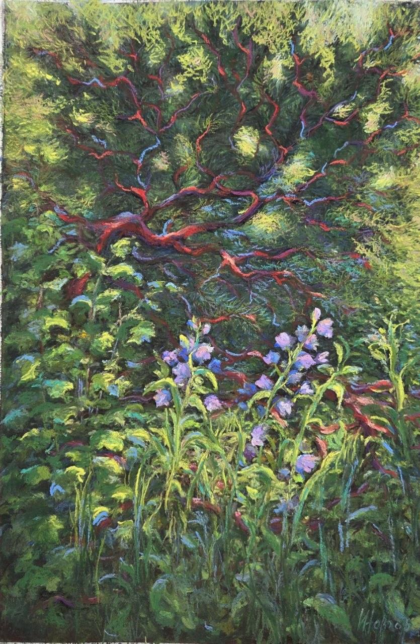 Pastel painting of a lush green garden, purple flowers and intricately intertwined red and blue branches.