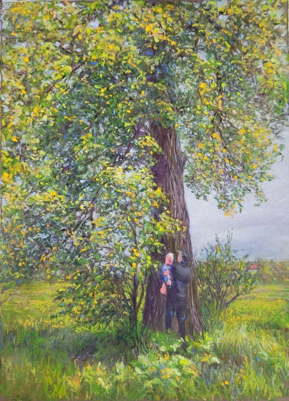 Pastel landscape of a large tree with a lush green and golden canopy, an adult with a child beside its trunk, and grass and flowers below.